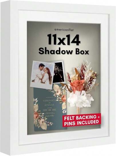 Americanflat 11x14 Shadow Box Frame With Shatter-Resistant Glass - Use As 9x12 Frame With Mat Or 11x14 Without Mat - Silhouette Collection - White With Soft Felt Back