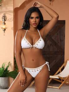 Women White Halter Bikini Set With Delicate Shell And Starfish Embellishments Tie Side Bottom For Beach Trips Vacation Summer - White - View 4