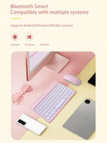 无线键盘鼠标套装，圆帽静音复古迷你键盘鼠标组合，兼容iPad、电脑、手机、平板电脑 - 粉色 - 查看 6