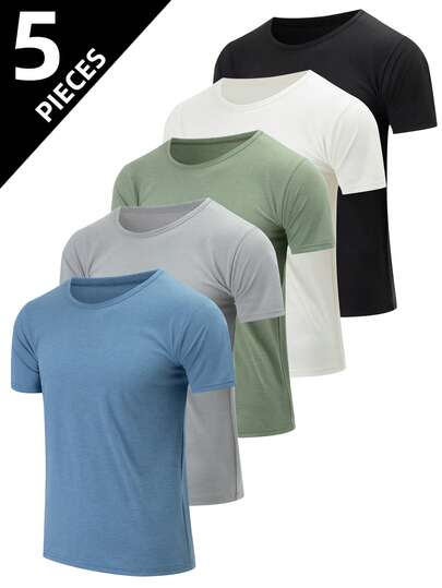 5pcs/Set Teen Boys' Solid Color Short Sleeve T-Shirts, Casual Outdoor Sports Running Tops, Lightweight Summer Wear