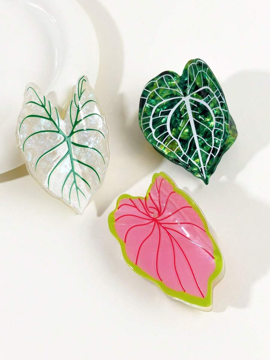 1个女士醋酸纤维叶子造型发爪夹，高端发爪夹，适合盘发，时尚发夹，优雅发饰 - 彩色 - 查看 1