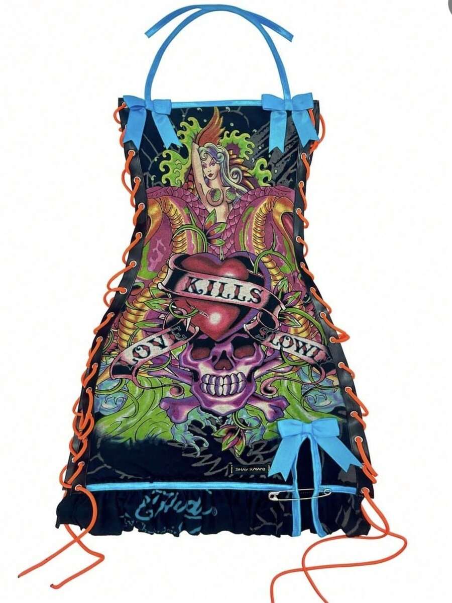 Women's Vintage -Inspired Graphic Cami Top With Pink Bow & Ruffle Hem - Vibrant Skull & Eagle Motifs On Strappy Bralette, Y2K Street Glam Style - 孔雀藍 - 查看 1