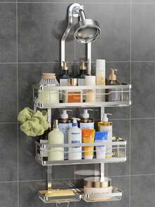 CADIMAC Shower Caddy Bathroom Hanging  With Soap Dish, Made Of Stainless Steel, Adjustable, No Drilling Required For Installation, Large Capacity, Can Be Hung Above The Shower Head, Includes Towel And Bathrobe Hooks, Bathroom Storage Rack, Bathroom Decoration, Bathroom Organization. - 銀色 - 查看 8