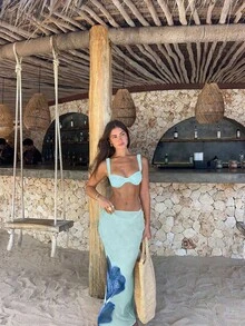 Valentine's Day Spring/Summer New Beach Vacation Party Navy Blue Elegant Sexy 3-Piece Bikini Set: Padded Bandeau Top + Ombre Print Maxi Skirt - Multicolor - View 7