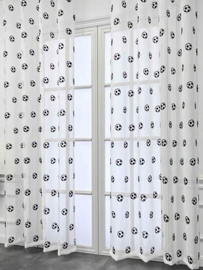 Nordic Style Football Embroidered Sheer Curtain, Rod Pocket Top, High-Quality Soft Drape, Thermal Insulation, No Lining, Washable, Suitable For Living Room, Bedroom, Bay Window, Home Decor, Partition Curtain