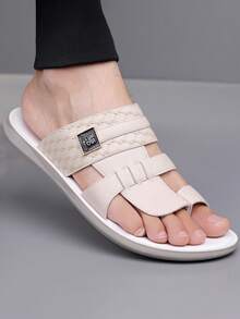 男士夏季新款魔术贴装饰皮革拼接纯色沙滩凉鞋，时尚休闲阿拉伯风格拖鞋 - 米色 - 查看 6