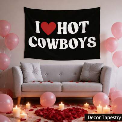 Boho Tapestry Print ''I Love Hot Cowboys'' Letter, 1pc Black Peach-Skin Waterproof Tapestry With Red Heart Design, Home Decor Wall Tapestry Suitable For Living Room/Bedroom/Dormitory/Party, Funny Valentine's Day Proposal Confession Banner Tapestry, Perfect Birthday Gift For Boyfriend And Girlfriend, Anniversary Gifts For Couples, Wrinkle-Resistant 100% Polyester Fabric