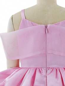Baby Girl Cute Bow Off Shoulder Strap Tulle Princess Dress, Puff, Wedding, Flower Girl, Birthday Party, Gathering - Pink - View 10