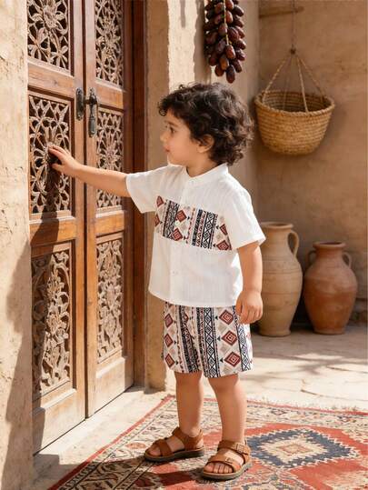 2pcs/Set Baby Boy Short Sleeve Shirt & Geometric Pattern Shorts Set, Summer