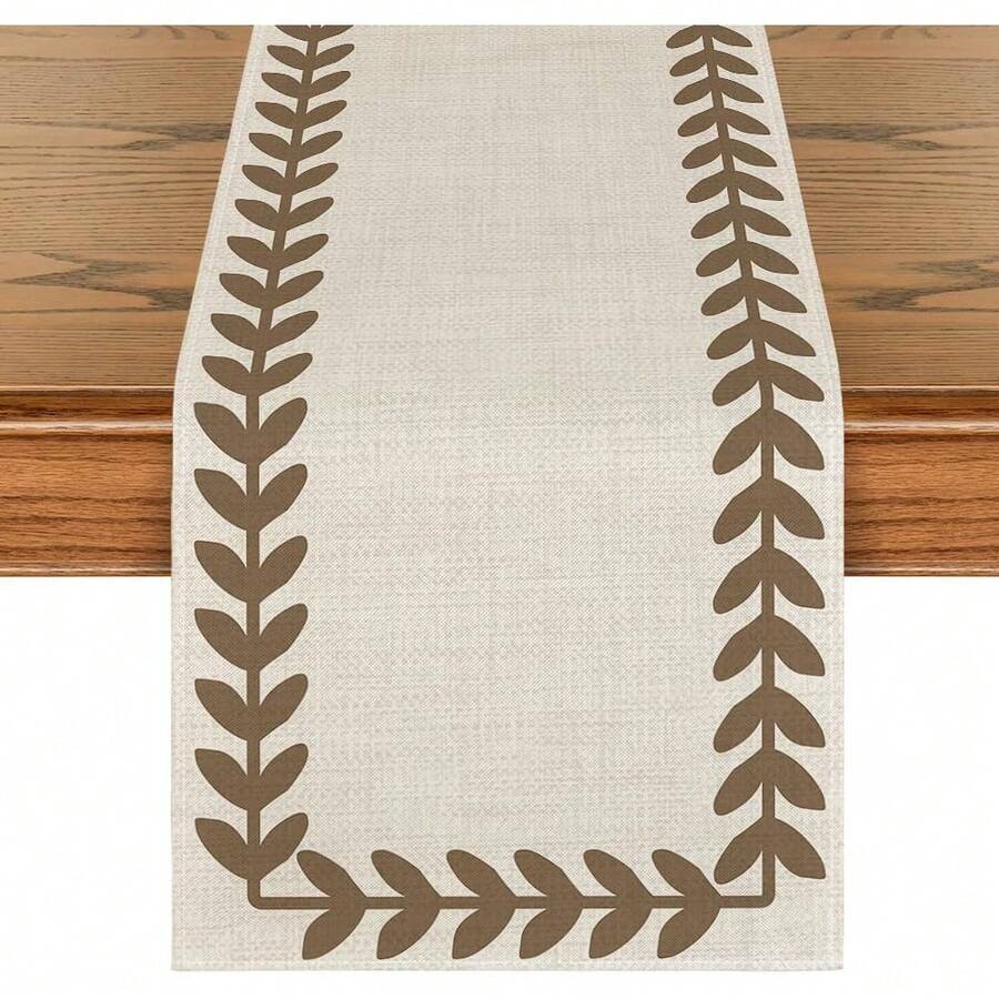 1pc Beige & Brown Willow Leaf Patterned Table Runner, Seasonal Spring/Summer Home Kitchen Dining Table Decor, Home Party Decoration - Beige and Brown - View 1