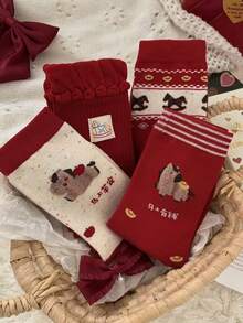 4 Pairs Retro Striped, Polka Dot, Floral Mid-Calf Socks, Versatile Korean Style - Red - View 2