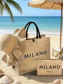 Bộ 4 túi đi biển, thiết kế in chữ "MILANO ITALY" độc đáo. Túi tote cỡ lớn tối giản kèm túi đựng mỹ phẩm di động, mũ chống nắng khoét lỗ mùa xuân/hè, kính râm hình trái tim màu đen, mũ xô phong cách Bohemian và mũ len rộng vành thoáng khí. Túi đựng mỹ phẩm di động. - Nhiều màu - Xem 16