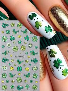 2pcs 5D Embossed Green Nail Art Stickers, Four-Leaf Clover & Love Bird Design, Sliding Style Nail Decals, Nail Art Supplies & Decorations - Multicolor - View 2