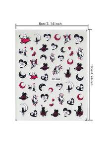 1张梦幻卡通美甲贴纸，包含可爱猫咪、蝴蝶、爱心、神秘星球、月亮、星星等图案，卡通主题，亮面，不对称形状，适合女性DIY或美甲沙龙使用。 - 彩色 - 查看 2