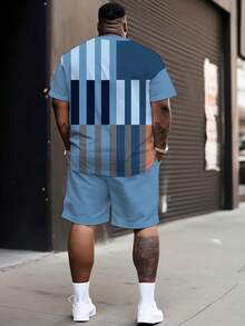 Men's Street Casual Minimalist Series "Geometric Square & PLCO Letter" Pattern Design Sportswear Set - Polyester Knit Fabric, Round Neck Design, Drawstring Shorts, Pocket Details, Regular Fit, Suitable For Plus Size - Multicolor - View 2