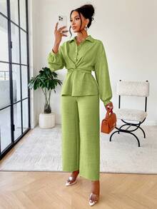 2pcs Women Summer Casual Minimalist Daily Collared Twist Waist Shirt And Relaxed Pants Set, Suitable For Home And Commute - Grass Green - View 3