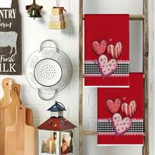 2 Stücke Herz Polka Punkt & gestreifte Spitzenborte Geschirrtuch Set, weich & hochabsorbierend, Geschirrtücher zum Kochen/Backen, Einweihungsgeschenk für Freunde, Küchendekoration, Haushaltsgegenstände - Rot - Übersicht 3