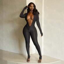 Women's Fashion Sexy Backless Deep V Long-Sleeved Solid Color Tight Jumpsuit - 黑色 - 查看 5