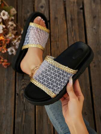 2024夏季新款圆头厚底布艺流苏拖鞋，时尚加大码罗马风帆布沙滩复古凉鞋，搭扣千鸟格拖鞋，现货英伦风编织拖鞋