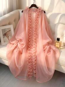 性感女士宽松露肩雪纺薄纱长裙，荷叶边开衫设计，抽绳腰带，适合婚礼宾客穿着 - 粉色 - 查看 3