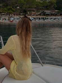 黄色镂空圆领长袖短款针织罩衫连衣裙，女士春夏新款时尚优雅休闲宽松舒适沙滩度假针织连衣裙，泳装派对，海滩，度假，纯色简约短裙 - 黃色 - 查看 8