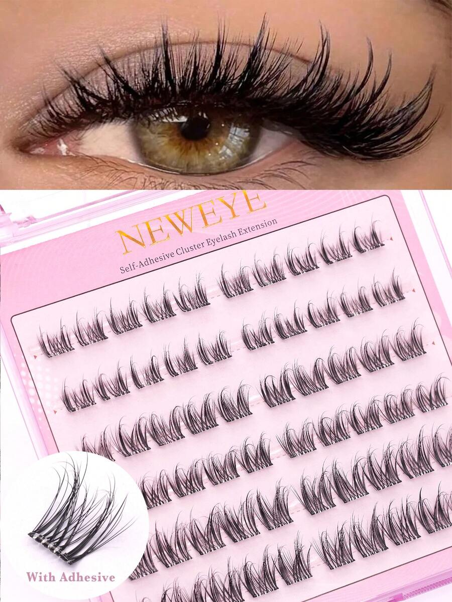 60pcs Self-Adhesive Lashes Brown Fluffy False Eyelash Clusters 10-14mm Mixed D Curl Pre-Glued Lash Clusters Wear No Glue Needed Individual Lashes Natural Look Brown Lash Clusters No Glue Or Makeup Remover Required False Eyelashes Comic Lashes Gift For Women & Girl Makeup Tools - D - View 1
