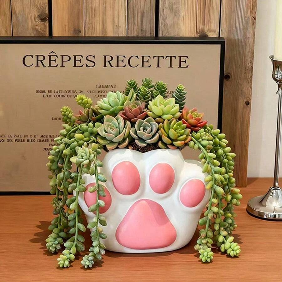 1pc Cute Cat Claw Planter With Succulent Plant, Suitable For Living Room, Balcony, Office Desk Decor - Housewarming Gift - Cat Paw Vase - View 1