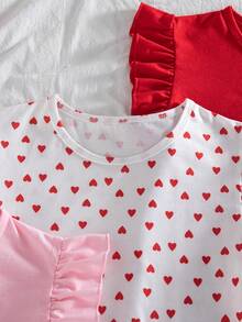 少女情人节休闲短袖上衣，心形印花三件套 - 紅色 - 查看 4