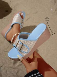 Damen Mode 2026 Sommer Boho Keilabsatz Plateau Runde Zehenkappe mit Metallschnalle Slip-On Braun & Hellblau Lässig Sandalen, geeignet für Zuhause, Strand, Urlaub und Alltag - Babyblau - Übersicht 5