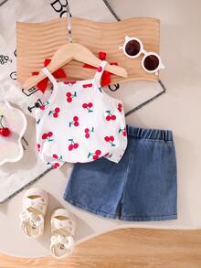 Baby Girl Summer Casual Cherry Print Button Ruffle Decor 3D Bow Strap Cropped Tank Top And Cherry Embroidered Denim Shorts Set - White - View 3