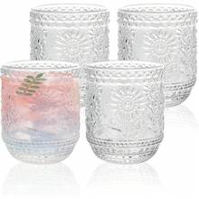 Vintage Embossed Floral Drinking Glass Set Of 4, 12oz Clear Heavy Base Glass Cups For Cocktail, Juice, Wine, Aesthetic Home Bar Decor - Transparent - 380ml - View 1