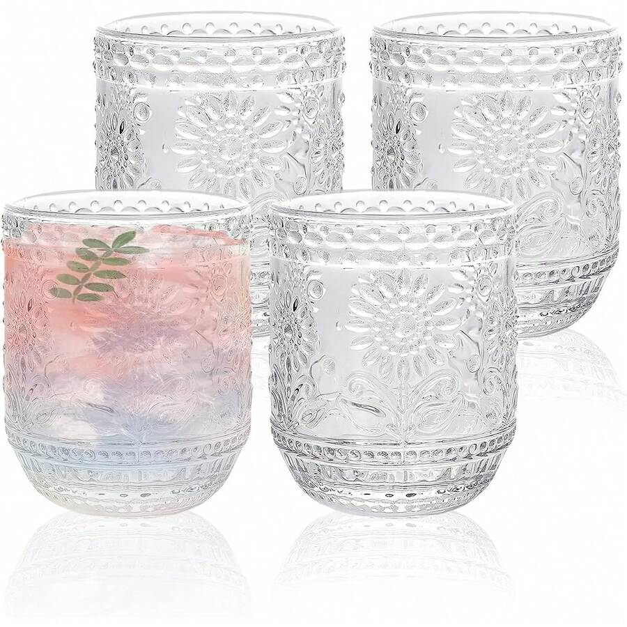 Vintage Embossed Floral Drinking Glass Set Of 4, 12oz Clear Heavy Base Glass Cups For Cocktail, Juice, Wine, Aesthetic Home Bar Decor - Transparent - 380ml - View 1