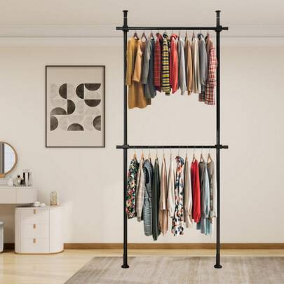 Modern Black Adjustable No-Drill Heavy-Duty Clothes Storage System, Coat Rack Closet Organizer, Floor Ceiling Laundry Drying Rack With 2 Rods, Freestanding Clothing Rack For Bedroom, Laundry Room, Renters, 220lbs Load Capacity
