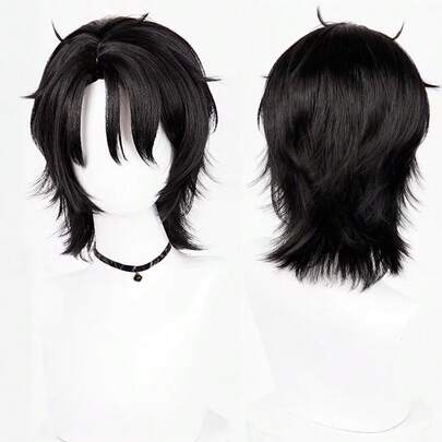 Black Short Straight Fluffy Synthetic Wigs Middle Part Anime Game Cosplay Wig Heat Resistant For Daily Party