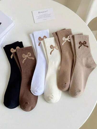 5 Pairs Kids Soft & Warm Merrald Color Bowknot Elastic Mid-Calf Socks, School Style, All Season