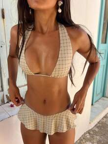 Women's Fashion Plaid Print Halter Twist Front Bikini Set