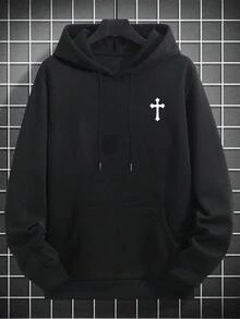 Sudadera Con Capucha Casual Minimalista Con Estampado De Cruz Y Cordón, Con Bolsillo, De Vuelta Al Colegio, Para Otoño E Invierno, Parte Superior De Manga Larga Para Hombres - 黑色 - 查看 3
