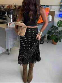 女士波点拼接撞色优雅派对梭织镂空蕾丝边半身裙，适合度假、海滩、秋冬季穿着 - 黑色 - 查看 4