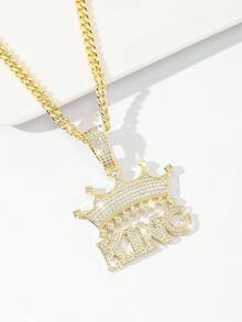 1pc Classic European And American Style Copper Inlaid Zirconia KING Limited Edition Pendant Necklace, Suitable For Christmas/Thanksgiving/Halloween/Mother's Day/Valentine's Day Gifts For Couples/Friends/Godparents, Catholic First Communion, Gifts, Daily And Festival Wear Prayer - Yellow Gold - View 3