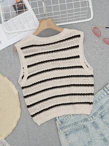 时尚女士V领针织背心，配金色纽扣，条纹常规长度开衫，休闲百搭 - 杏色+黑色 - 查看 6