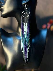 AHAYA 复古串珠流苏耳环，手工波西米亚风玻璃珠吊坠耳环，米珠长流苏耳环，女士时尚首饰，适合日常佩戴和度假 - 深藍色 - 查看 3
