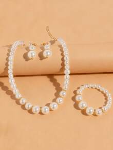 Bộ 4 món trang sức thời trang thanh lịch dành cho bé gái, gồm vòng cổ, vòng tay và bông tai đính ngọc trai giả, thích hợp đeo hàng ngày, dự tiệc và làm quà tặng. - Nhiều màu - Xem 5