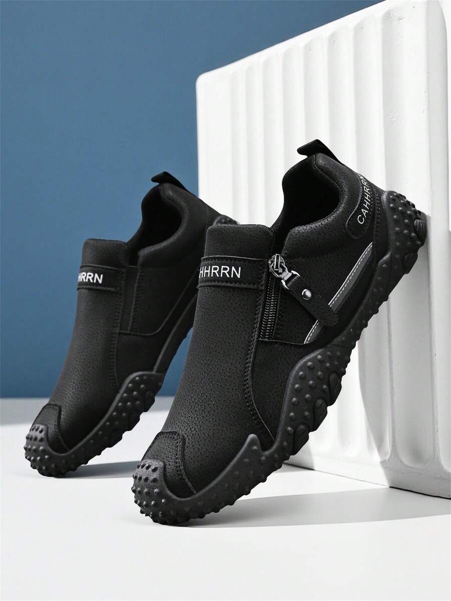 2025春夏新款男士透气麂皮和猪皮增高运动鞋，耐穿高帮厚底减震防滑休闲一脚蹬乐福鞋，适合所有季节 - 黑色 - 查看 1