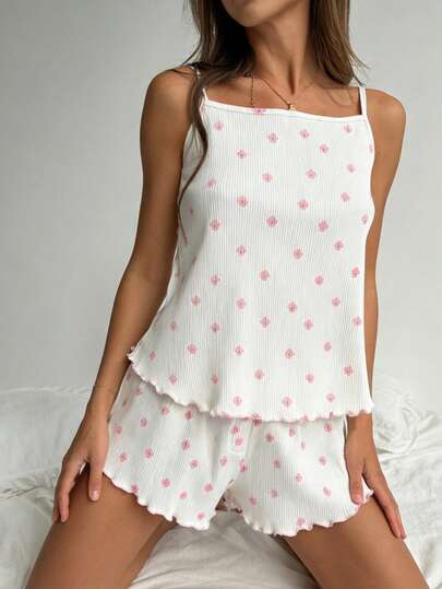 New Knitted Floral Print Ruffle Trim Comfortable Camisole & Shorts Pajama Set For Women