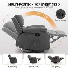 Recliner Chair, 360 Swivel Rocker Chair For Adults, Small Rocking Recliner For Small Spaces, Upholstered Fabric Glider Recliner Nursery (Swivel Rocker Recliner, Grey) - Dark Grey - View 6