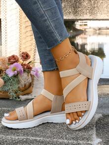 Women's Fashion Round Toe Open Toe Summer Oversized Striped Hollow Comfortable Slip-On Hook And Loop Sports Sandals - Beige - View 5