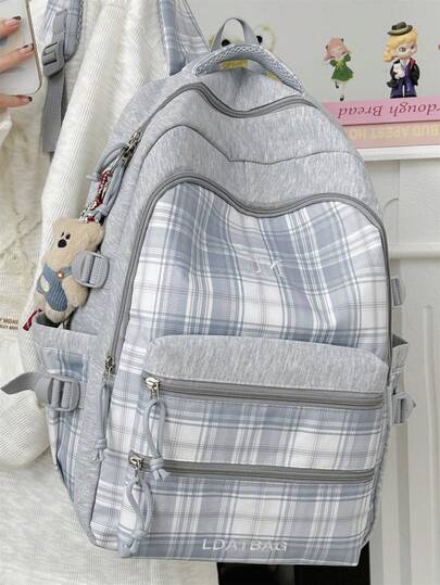 蓝色轻便女童背包，带挂饰，适合小学/初中学生