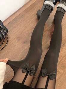 Fashionable, Sexy, Elegant And Mature Faux Suspender Solid Color Bow Tie Women's Pantyhose, Suitable For Casual, Gathering, Party, Date Outfit, Christmas, Thanksgiving, Valentine's Day Girlfriend Stockings Gift - Multicolor - View 4