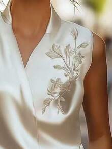 女士优雅商务修身刺绣套头衫，花卉印花叶子图案，3D立体花卉交叉前襟纽扣，适合约会、工作、度假和日常穿着，白色 - 白色 - 查看 4