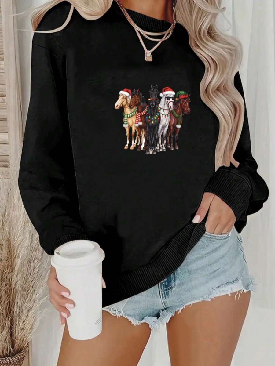 时尚休闲印花长袖圆领套头卫衣，适合秋冬季穿着。 - 黑色 - 查看 1